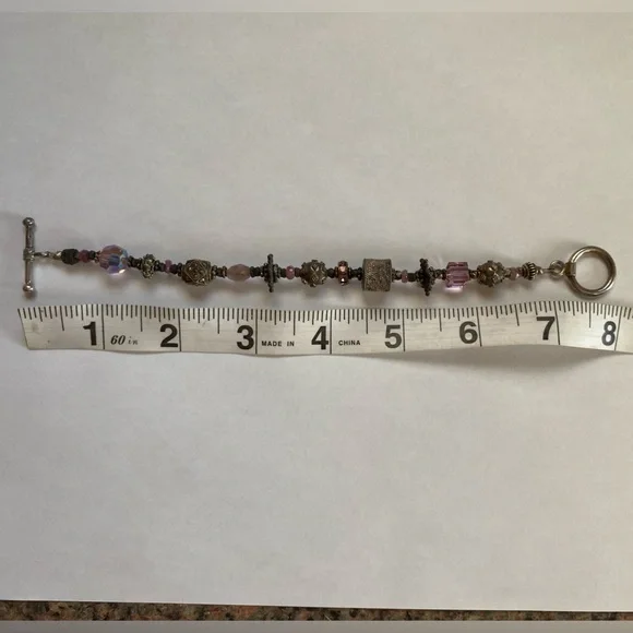 Vintage Silver and Pink Beaded Bracelet with Toggle Clasp - Picture 9 of 9